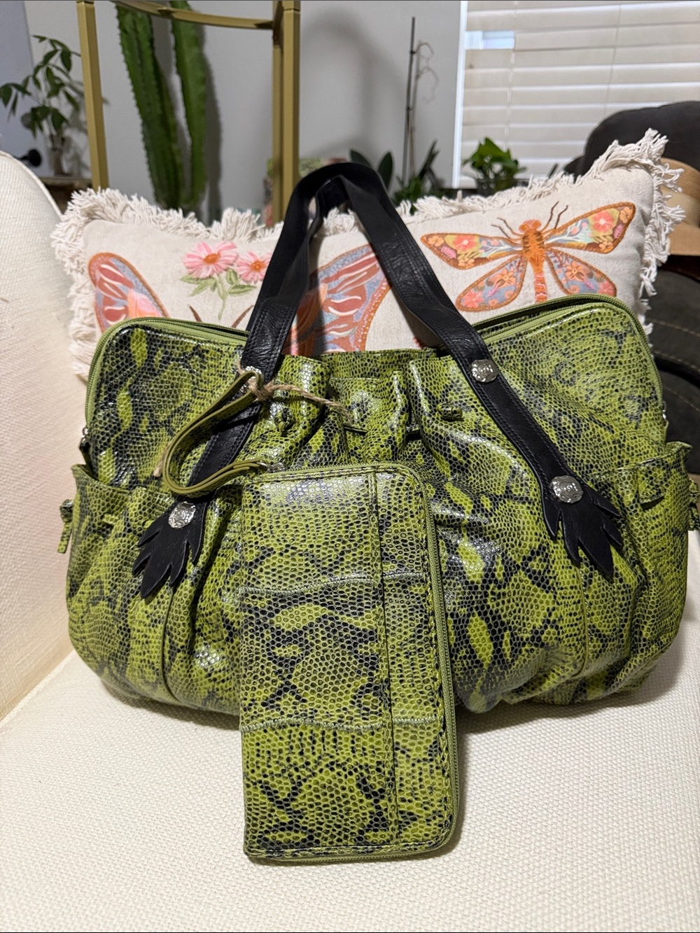 Carlos Falchi Lime Green Snake-Print Shoulder Bag with Black Handles